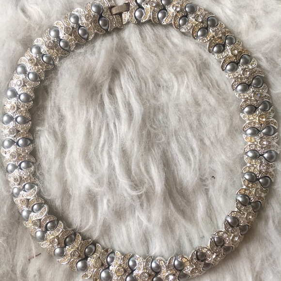 Jewelry - Silver & Blue Faux Pearl Heavy Formal Necklace